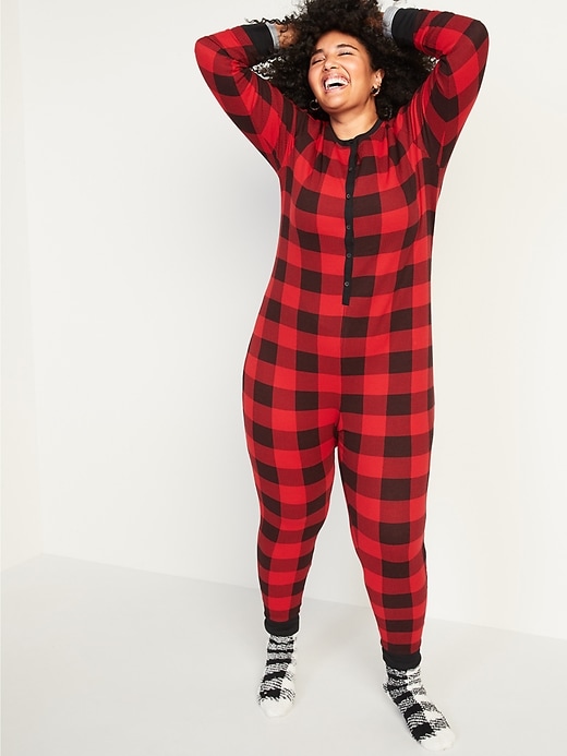 Image number 1 showing, Patterned Waffle-Knit Plus-Size One-Piece Pajamas