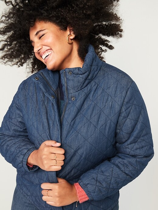 Image number 3 showing, Lightweight Diamond Quilted Plus-Size Chambray Puffer Jacket