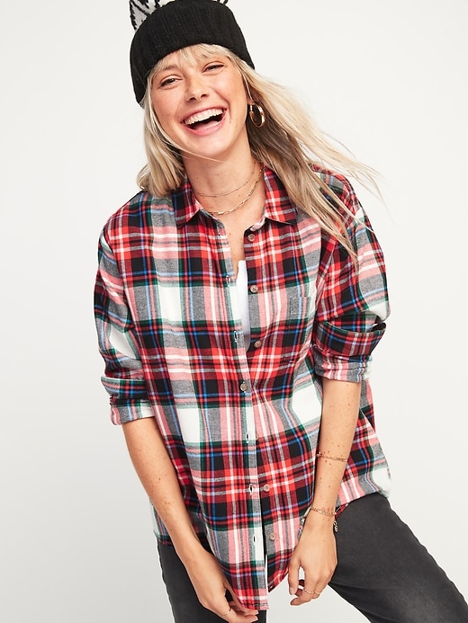 View large product image 1 of 2. Oversized Plaid Flannel Boyfriend Tunic Shirt for Women