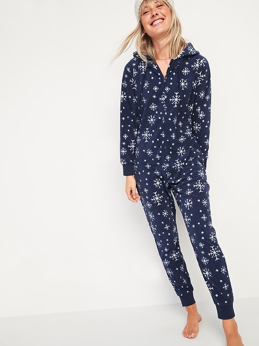 Old Navy Patterned Micro Performance Fleece Hooded One-Piece Pajamas for Women. 1