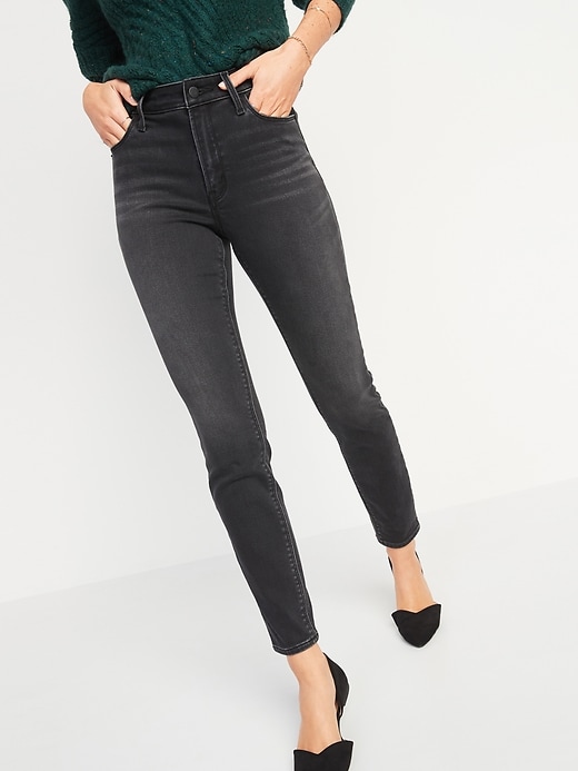 Image number 1 showing, High-Waisted Rockstar Built-In Warm Super Skinny Black Jeans for Women