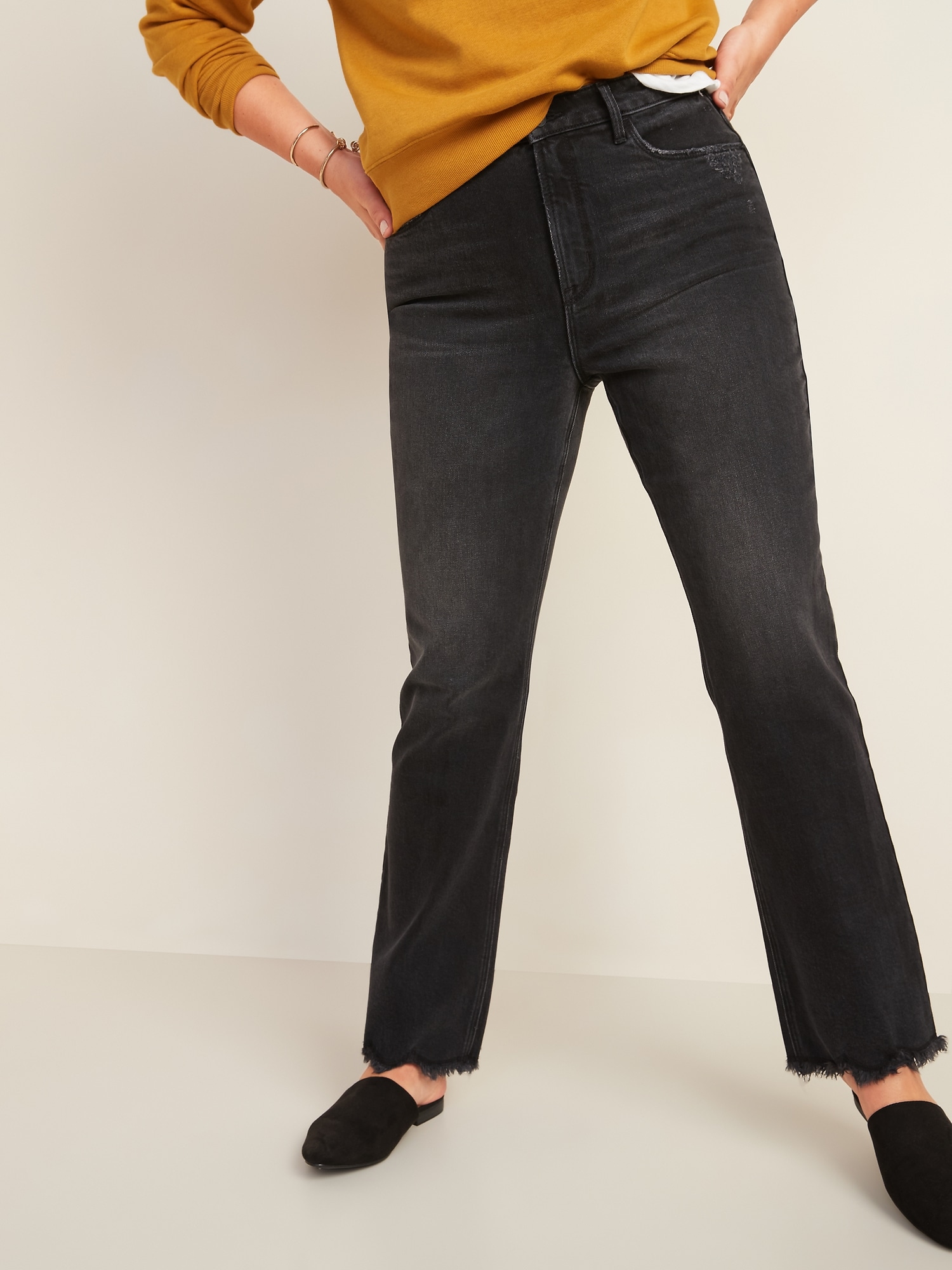 High-Waisted Flare Black Cut-Off Ankle Jeans for Women