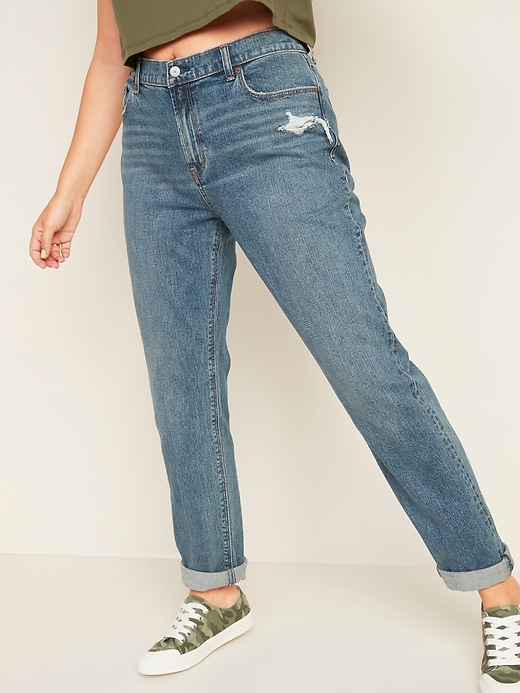 Image number 1 showing, Mid-Rise Distressed Boyfriend Straight Jeans for Women