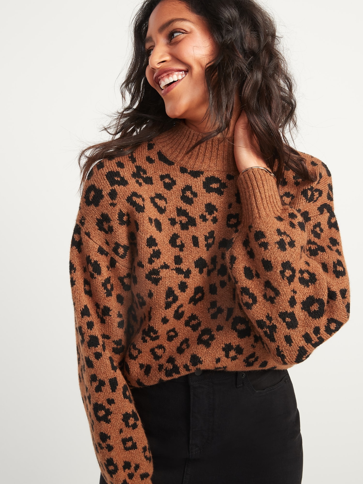 Cozy Leopard-Print Mock-Neck Sweater for Women