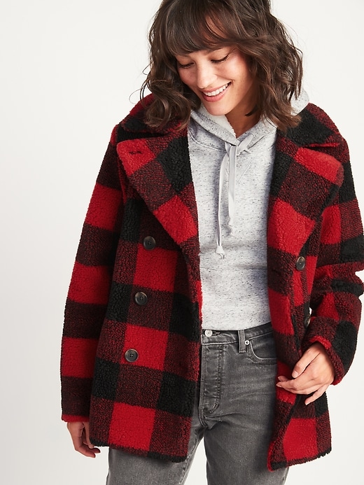 Image number 1 showing, Cozy Plaid Sherpa Peacoat for Women