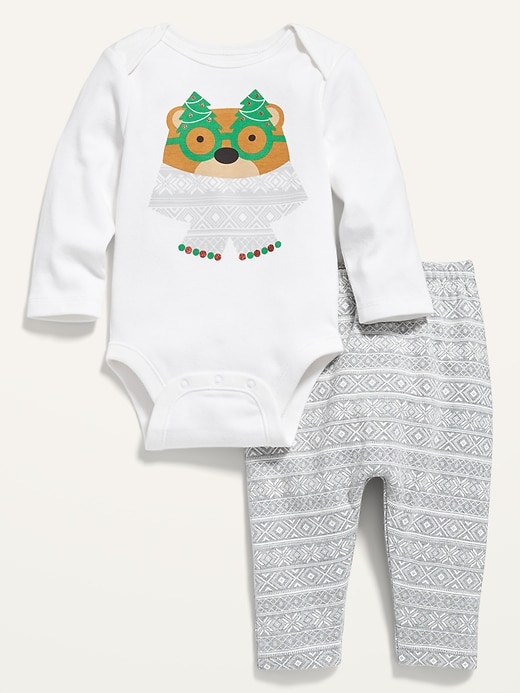 View large product image 1 of 1. Unisex Holiday-Graphic Bodysuit and Printed Leggings Set for Baby