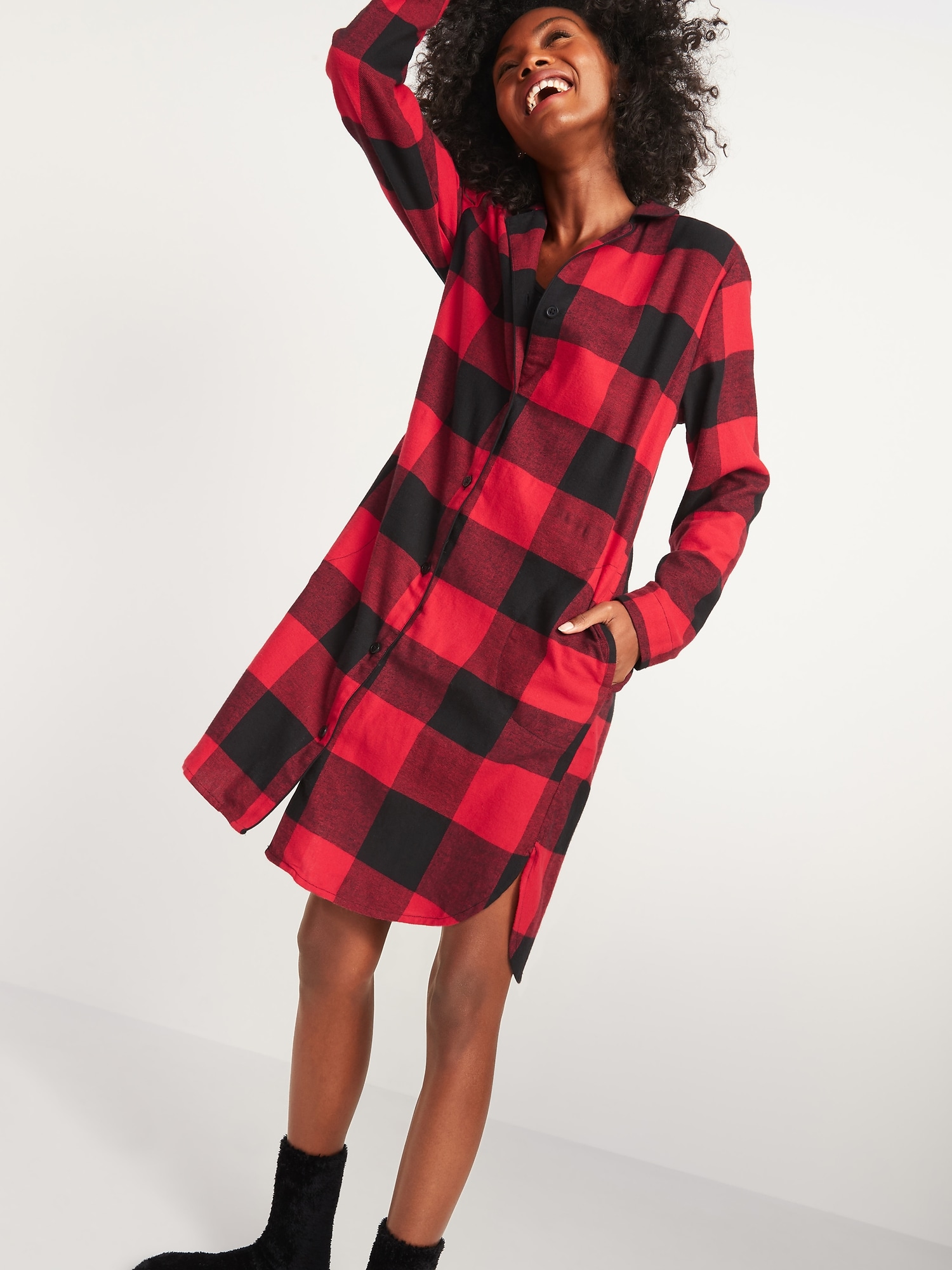 Womens Flannel Nightgown 100% Cotton Flannel Red Plaid Sleep  Dress/Nightshirt