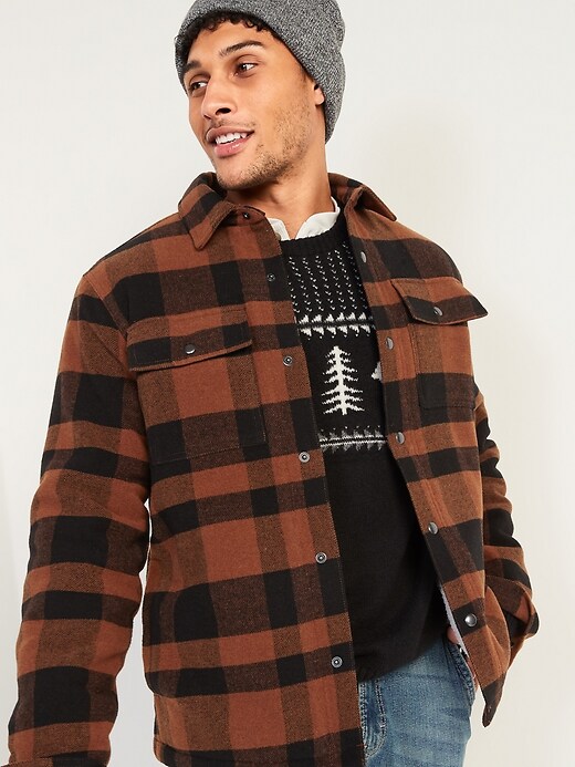View large product image 1 of 2. Cozy Sherpa-Lined Plaid Wool-Blend Shirt Jacket