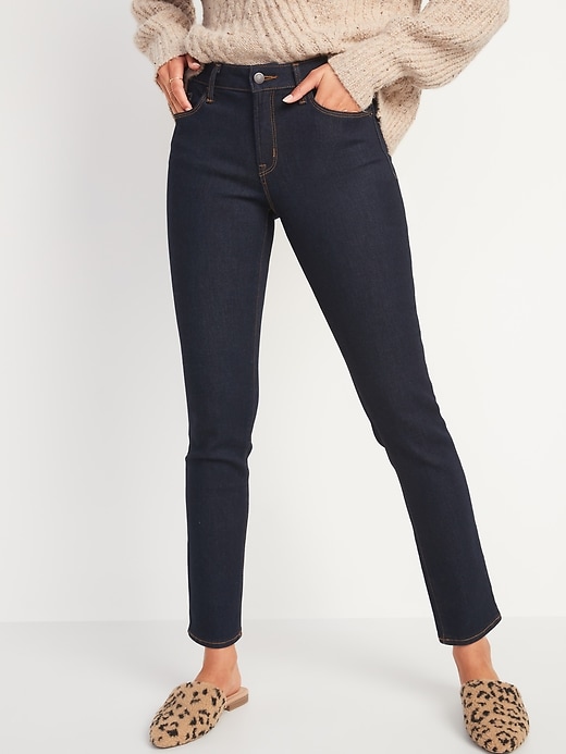 Mid-Rise Power Slim Straight Dark-Wash Jeans for Women | Old Navy