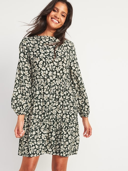 Image number 1 showing, Floral-Print Long-Sleeve Swing Dress for Women