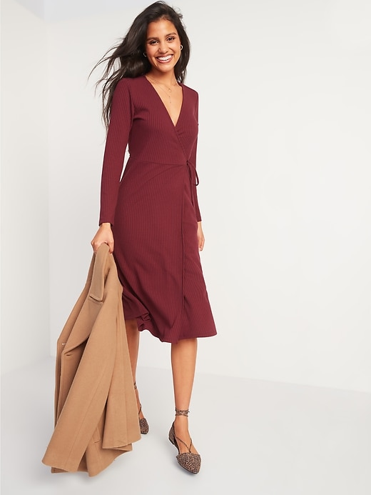Image number 1 showing, Rib-Knit Midi Fit & Flare Wrap Dress