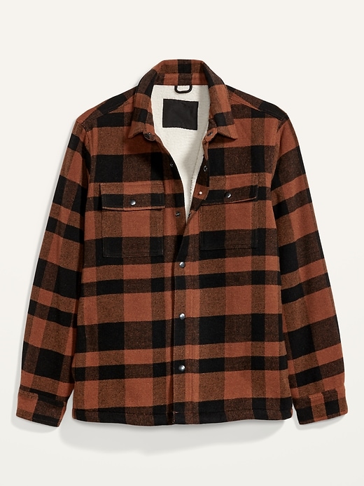 View large product image 2 of 2. Cozy Sherpa-Lined Plaid Wool-Blend Shirt Jacket