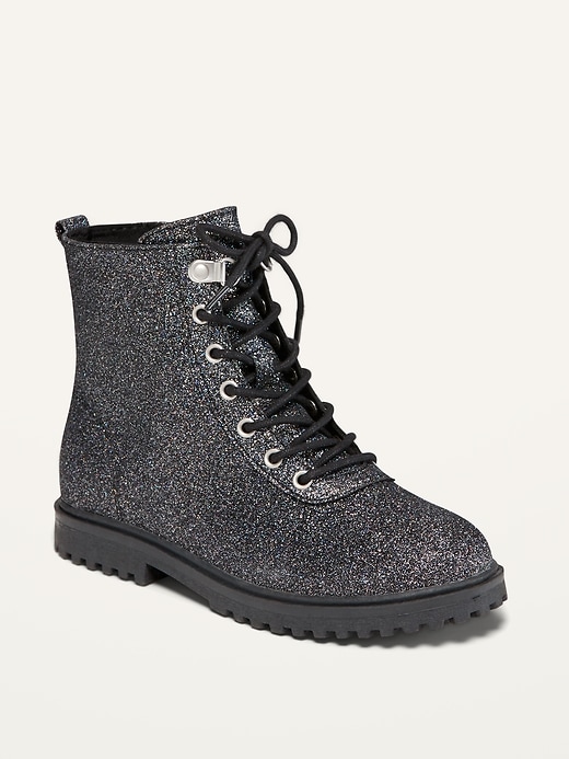 View large product image 1 of 3. Gray Glitter Lace-Up Combat Boots for Girls
