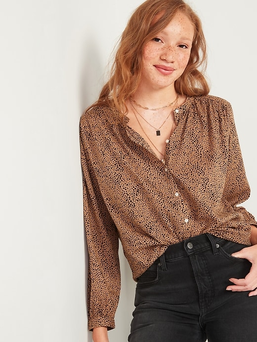 Image number 1 showing, Oversized Printed Button-Front Blouse for Women