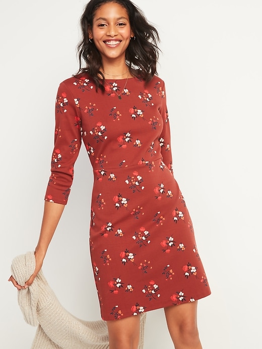 View large product image 1 of 3. Floral-Print Ponte-Knit Sheath Dress