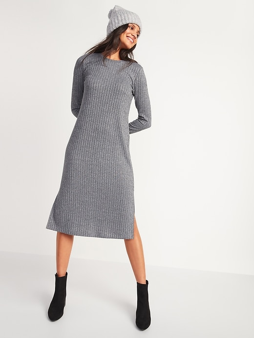 View large product image 1 of 3. Rib-Knit Long-Sleeve Midi Shift Dress for Women