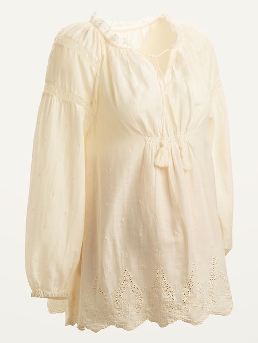 View large product image 1 of 1. Maternity Lace-Trim Tie-Neck Poet Blouse