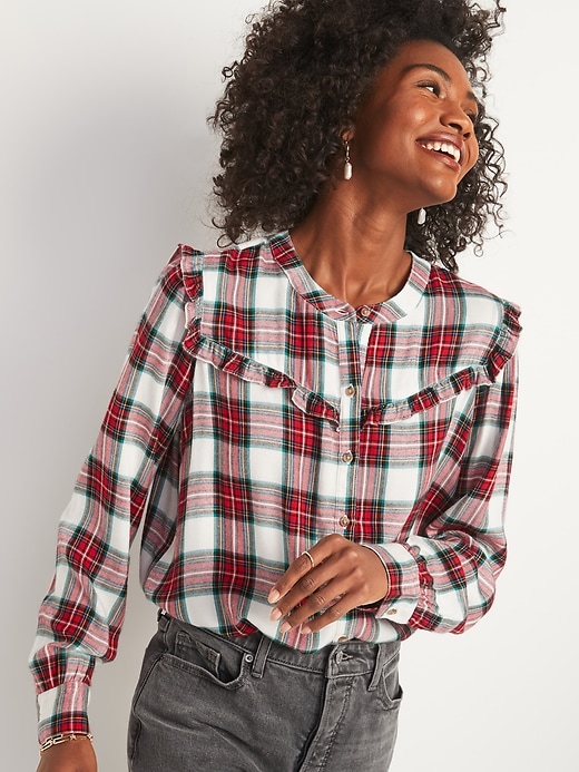 View large product image 1 of 2. Plaid Ruffle-Yoke Flannel Shirt for Women