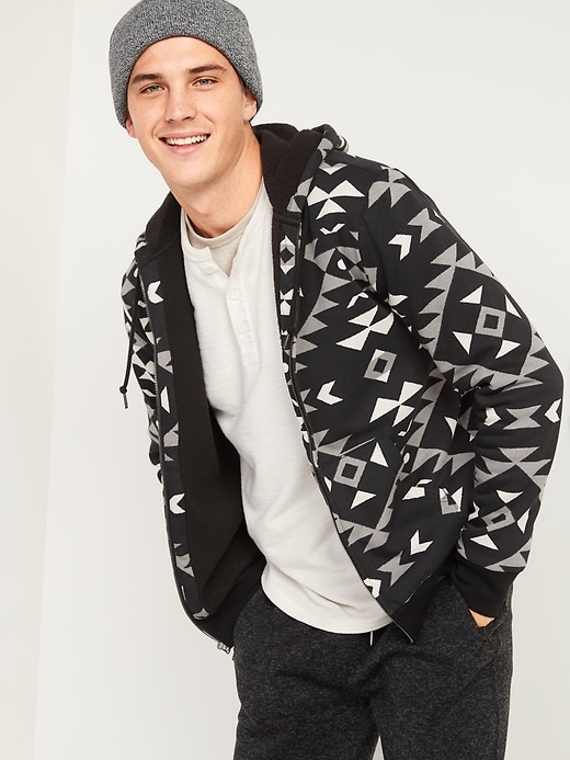 Image number 1 showing, Cozy Sherpa-Lined Patterned Zip Hoodie