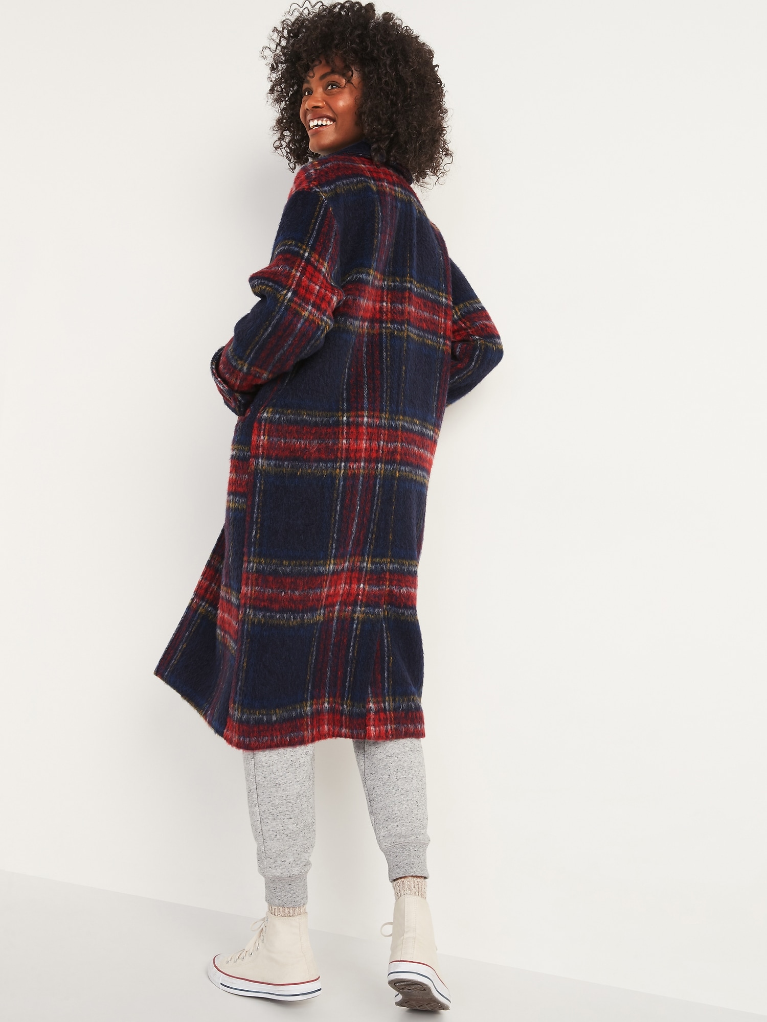 Oversized Soft-Brushed Plaid Button-Front Coat for Women
