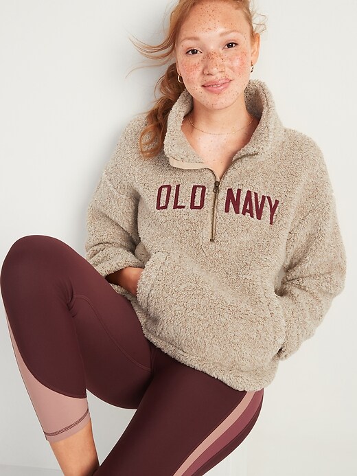 View large product image 1 of 2. Relaxed Cozy Sherpa Logo Half-Zip Sweatshirt