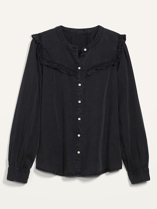 Image number 4 showing, Black Chambray Ruffle-Yoke Shirt for Women