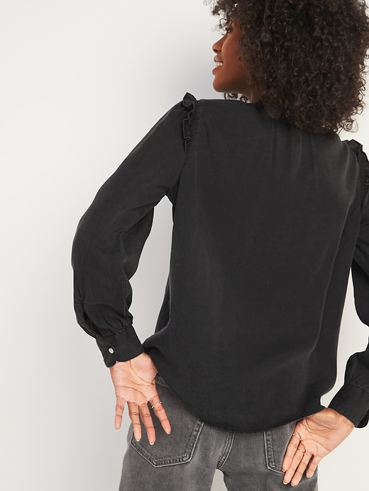 Image number 2 showing, Black Chambray Ruffle-Yoke Shirt for Women