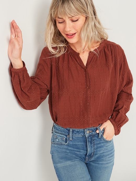 View large product image 1 of 2. Oversized Embroidered Button-Front Blouse for Women