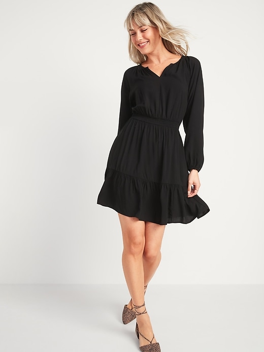 View large product image 1 of 2. Waist-Defined Split-Neck Tiered-Hem Dress