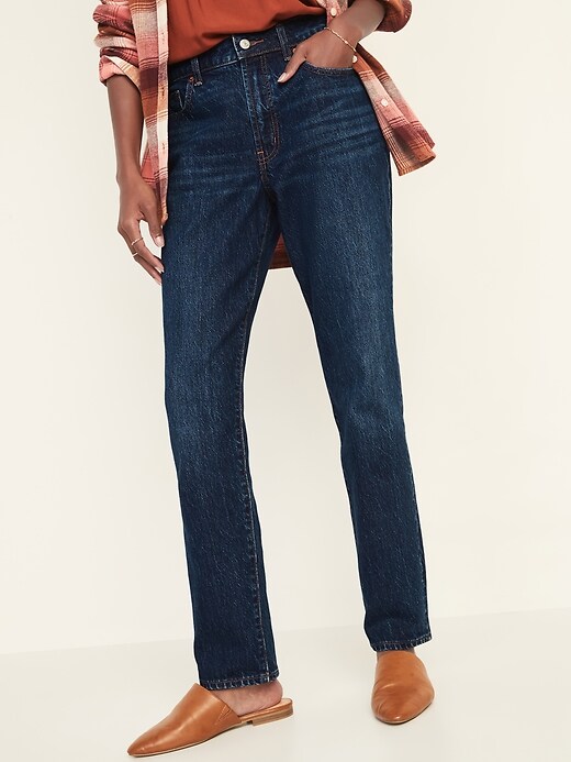 Image number 1 showing, High-Waisted Slouchy Straight Dark-Wash Jeans for Women