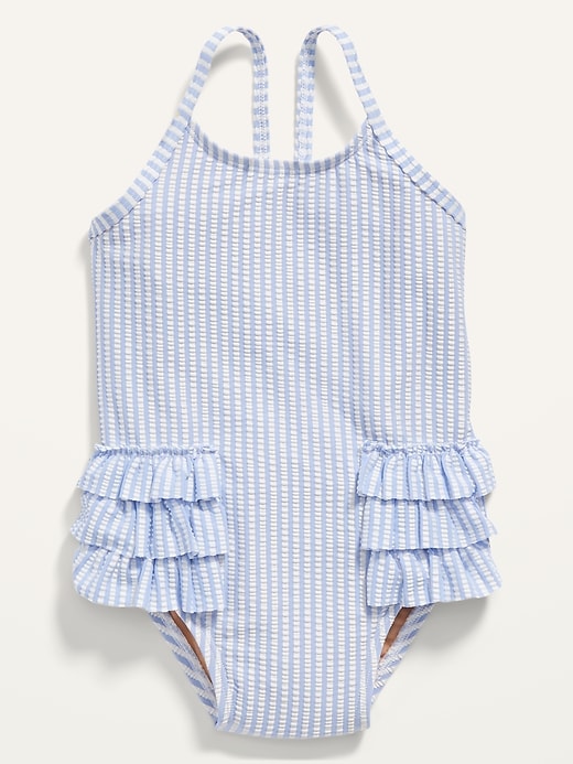 View large product image 1 of 2. Ruffled Seersucker-Stripe Swimsuit for Toddler Girls