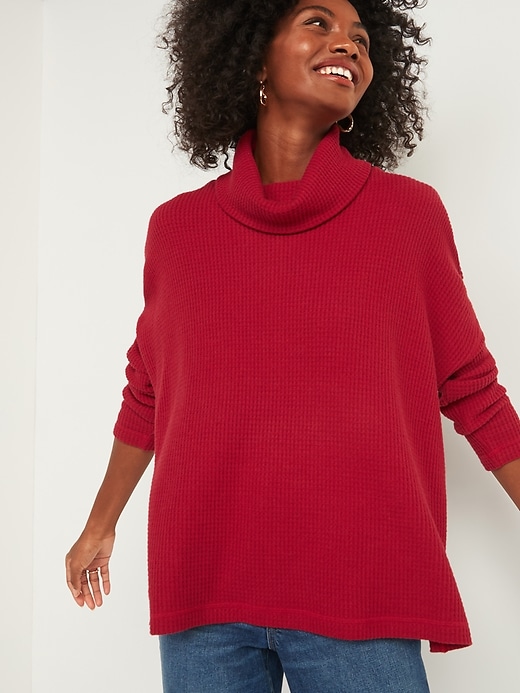 View large product image 1 of 2. Oversized Cozy Thermal-Knit Cowl-Neck Long-Sleeve Top