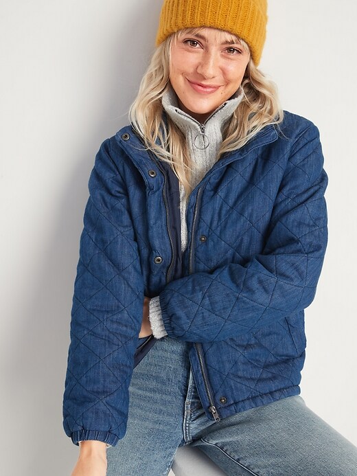 Image number 1 showing, Lightweight Diamond Quilted Chambray Puffer Jacket