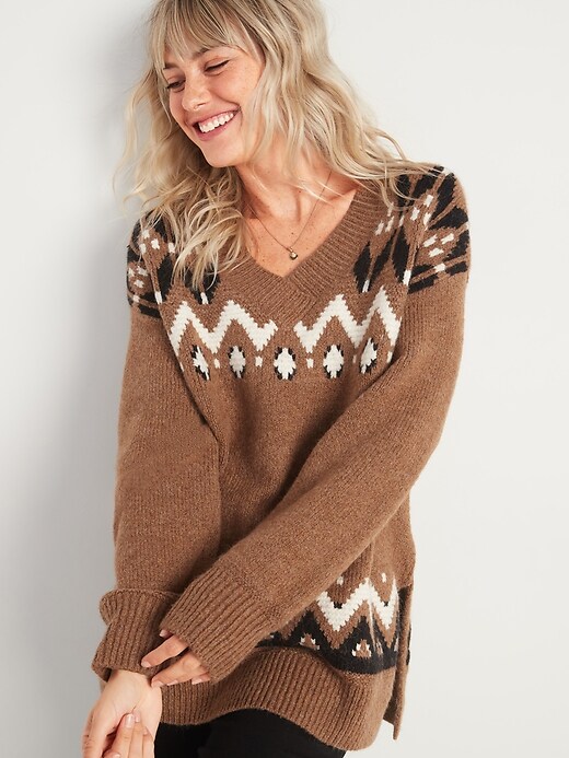 Image number 1 showing, Slouchy Fair Isle V-Neck Tunic Sweater for Women