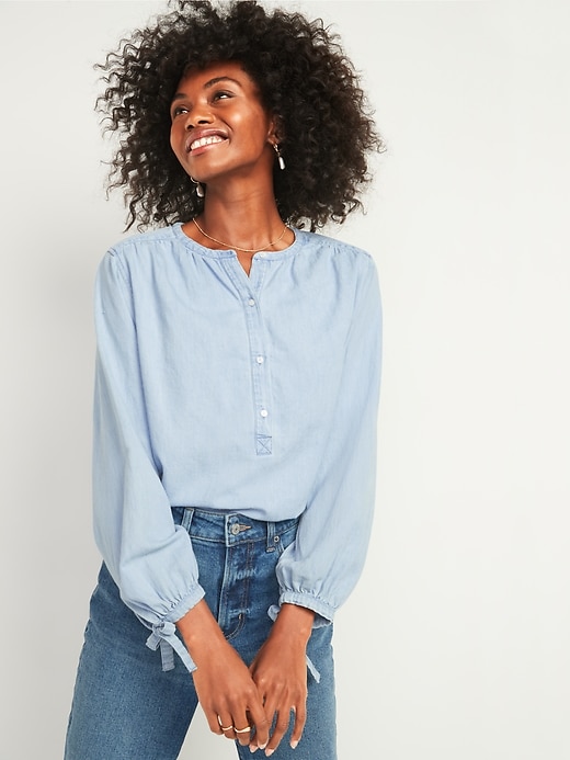 Oversized Chambray Tie-Sleeve Poet Blouse for Women | Old Navy