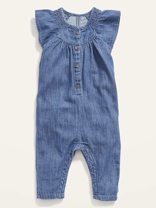 View large product image 1 of 2. Chambray Smocked-Yoke Jumpsuit for Baby