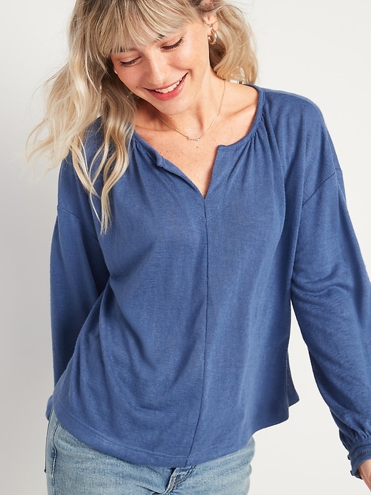 View large product image 1 of 2. Oversized Split-Neck Crochet-Trim Long-Sleeve Top for Women