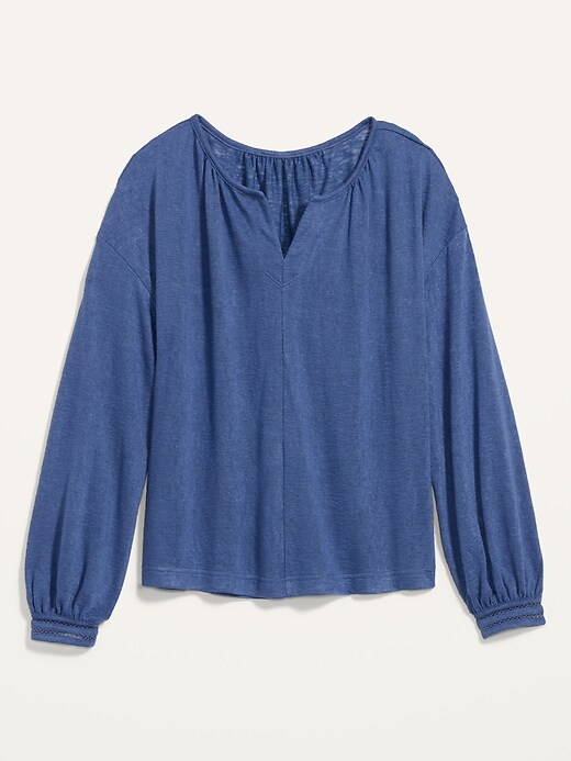 View large product image 2 of 2. Oversized Split-Neck Crochet-Trim Long-Sleeve Top for Women