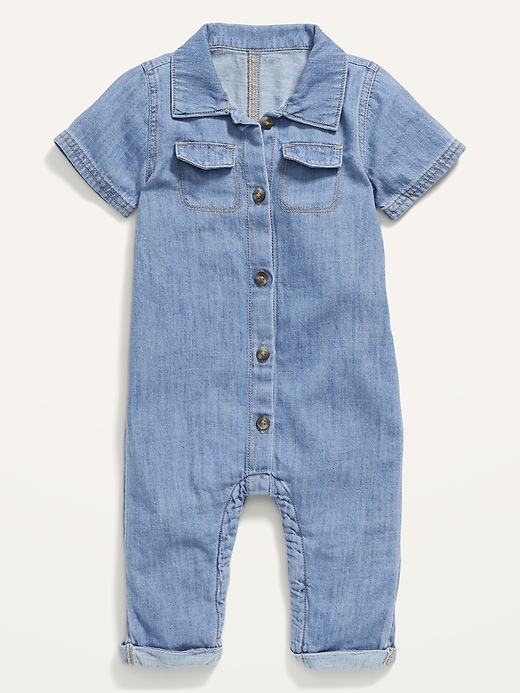 View large product image 1 of 2. Unisex Jean Utility Button-Front Jumpsuit for Baby