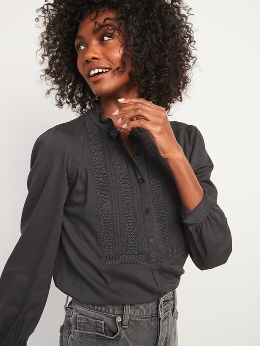 View large product image 1 of 2. Ruffled Pintucked-Yoke Popover Blouse for Women