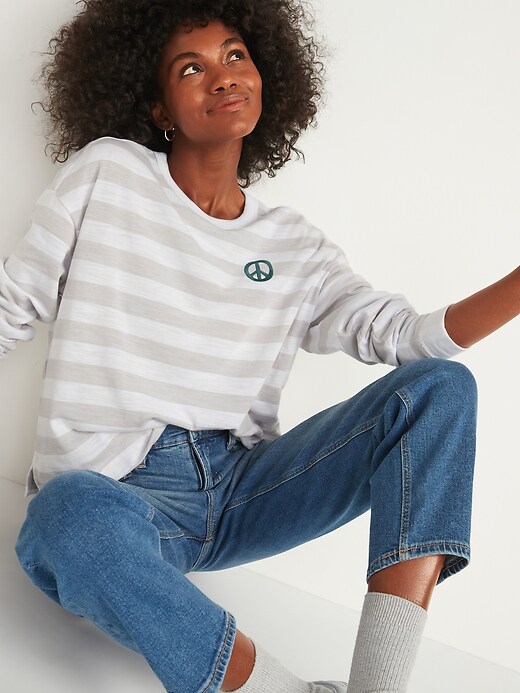 Image number 3 showing, Loose Thick-Knit Striped Embroidered Graphic Easy Long-Sleeve Tee for Women