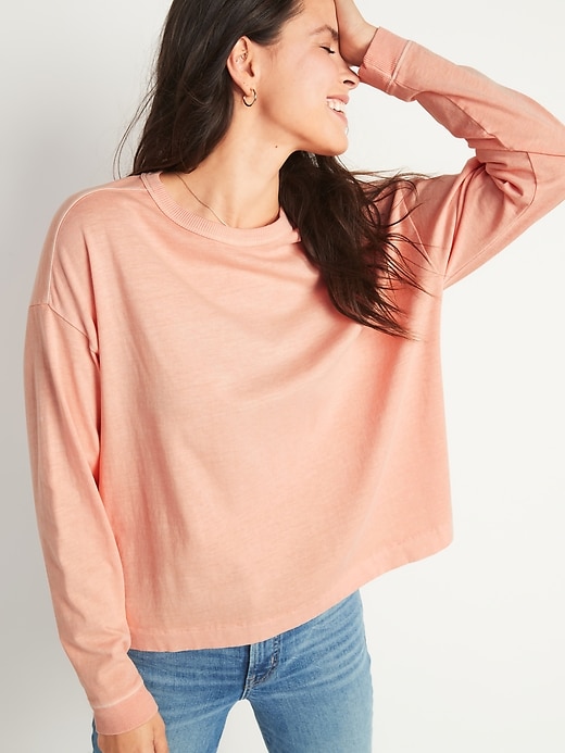 View large product image 1 of 2. Loose Garment-Dyed Long-Sleeve Easy Tee for Women