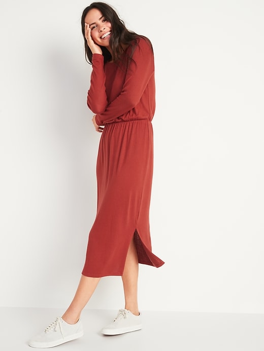 View large product image 1 of 2. Waist-Defined Long-Sleeve Midi T-Shirt Dress