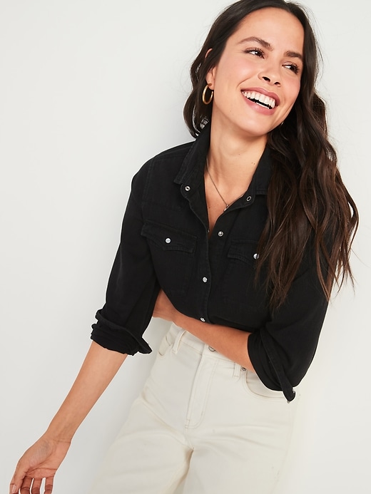 Image number 1 showing, Relaxed Western Black Jean Shirt for Women