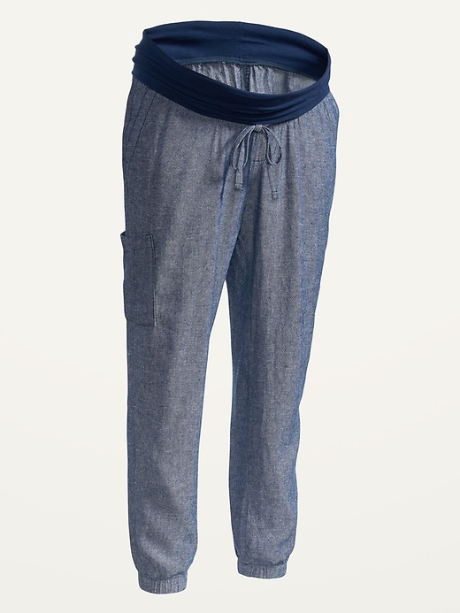 View large product image 1 of 1. Maternity Rollover-Waist Linen-Blend Cargo Jogger Pants