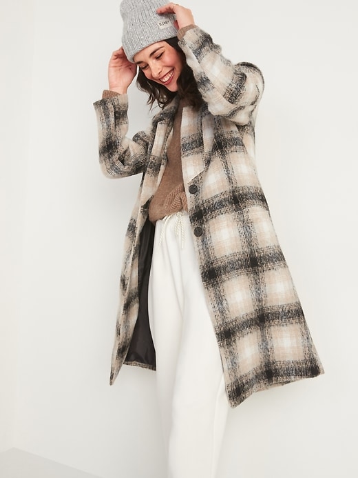 Image number 1 showing, Oversized Soft-Brushed Plaid Overcoat for Women