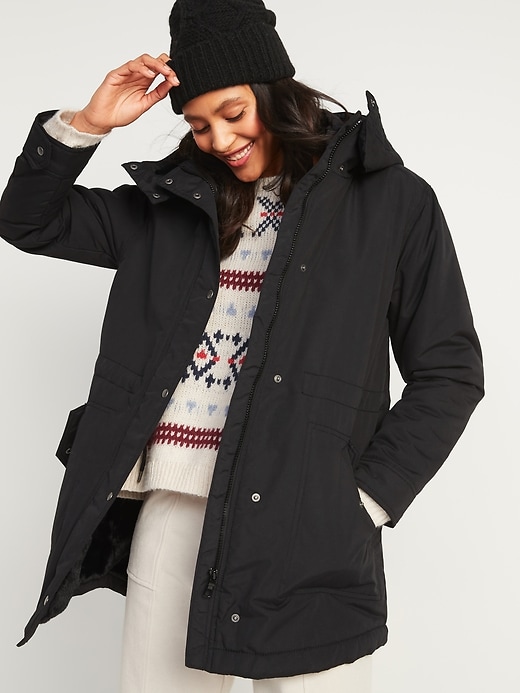 Image number 1 showing, Faux-Fur Lined Hooded Parka Coat for Women