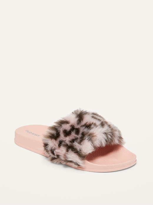 View large product image 1 of 3. Faux-Fur Leopard-Print Pool Slides for Girls