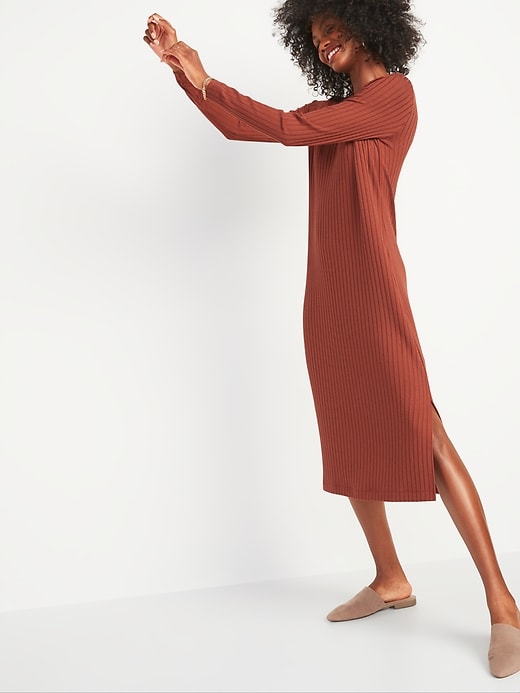 View large product image 1 of 2. Rib-Knit Long-Sleeve Midi Shift Dress