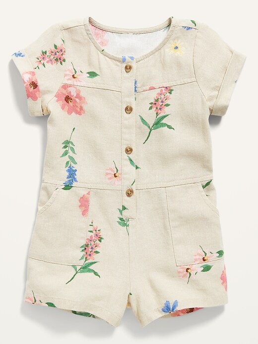 View large product image 1 of 2. Short-Sleeve Linen-Blend Floral Romper for Baby